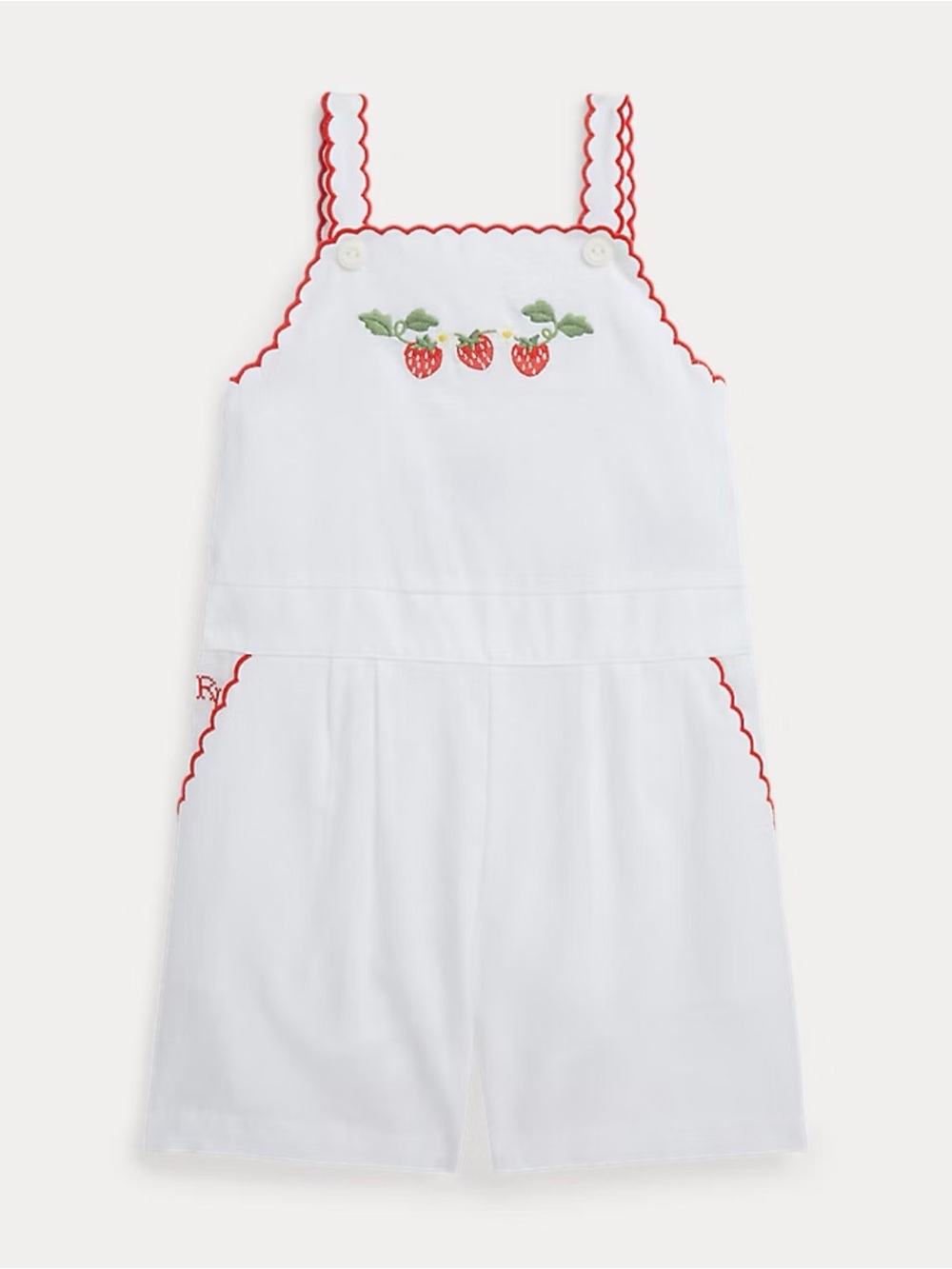 Ralph Lauren White Girls' Strawberry Embroidered Overall Romper with Red Trim